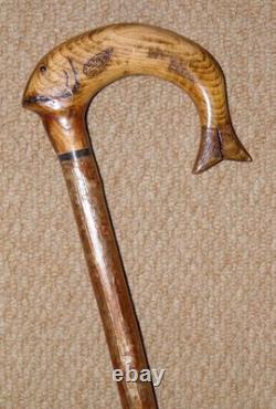 Antique Rustic Walking Stick Cane Hand-Carved Fish Crook Glass Eyes Pyrography