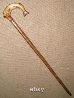 Antique Rustic Walking Stick Cane Hand-Carved Fish Crook Glass Eyes Pyrography