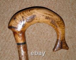 Antique Rustic Walking Stick Cane Hand-Carved Fish Crook Glass Eyes Pyrography