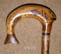 Antique Rustic Walking Stick Cane Hand-Carved Fish Crook Glass Eyes Pyrography
