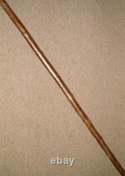 Antique Rustic Walking Stick Cane Hand-Carved Fish Crook Glass Eyes Pyrography