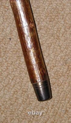 Antique Rustic Walking Stick Cane Hand-Carved Fish Crook Glass Eyes Pyrography