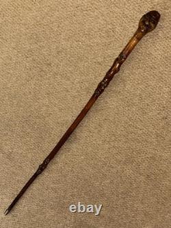 Antique Rustic Walking Stick / Cane Hand-Carved Grotesque Head & Faces Shaft