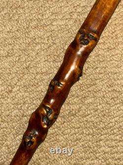 Antique Rustic Walking Stick / Cane Hand-Carved Grotesque Head & Faces Shaft
