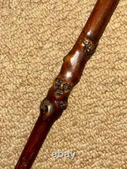 Antique Rustic Walking Stick / Cane Hand-Carved Grotesque Head & Faces Shaft