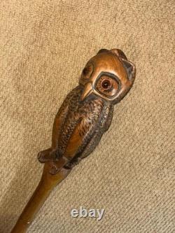 Antique Rustic Walking Stick Cane Hand-Carved Large Owl Top Glass Eyes