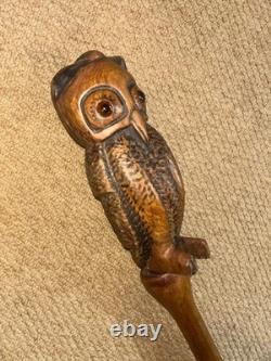 Antique Rustic Walking Stick Cane Hand-Carved Large Owl Top Glass Eyes