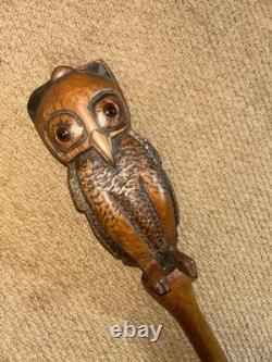 Antique Rustic Walking Stick Cane Hand-Carved Large Owl Top Glass Eyes