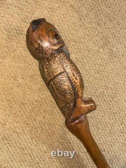 Antique Rustic Walking Stick Cane Hand-Carved Large Owl Top Glass Eyes