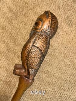 Antique Rustic Walking Stick Cane Hand-Carved Large Owl Top Glass Eyes