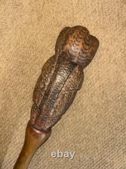 Antique Rustic Walking Stick Cane Hand-Carved Large Owl Top Glass Eyes