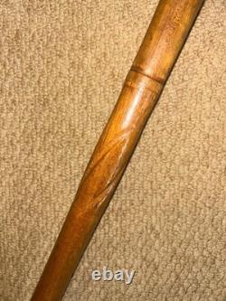 Antique Rustic Walking Stick Cane Hand-Carved Large Owl Top Glass Eyes