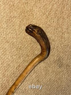 Antique Rustic Walking Stick Cane Hand-Carved Long Haired Rabbit Handle