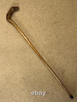 Antique Rustic Walking Stick Cane Hand-Carved Long Haired Rabbit Handle