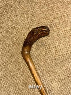 Antique Rustic Walking Stick Cane Hand-Carved Long Haired Rabbit Handle