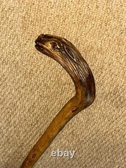 Antique Rustic Walking Stick Cane Hand-Carved Long Haired Rabbit Handle