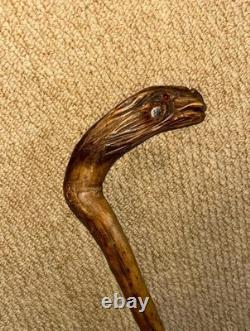 Antique Rustic Walking Stick Cane Hand-Carved Long Haired Rabbit Handle