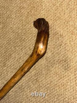 Antique Rustic Walking Stick Cane Hand-Carved Long Haired Rabbit Handle