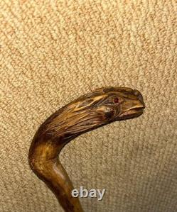 Antique Rustic Walking Stick Cane Hand-Carved Long Haired Rabbit Handle