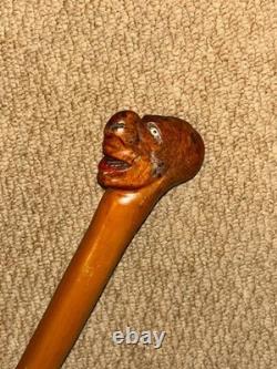 Antique Rustic Walking Stick Cane Hand-Carved Man Head Top & Glass Eyes