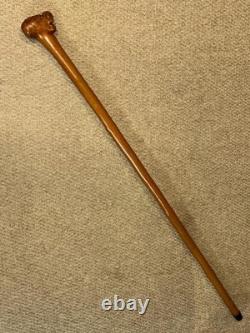 Antique Rustic Walking Stick Cane Hand-Carved Man Head Top & Glass Eyes