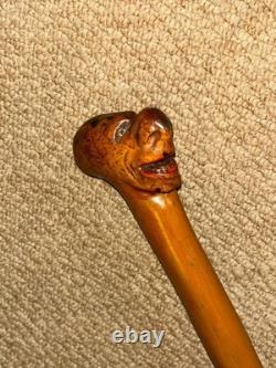 Antique Rustic Walking Stick Cane Hand-Carved Man Head Top & Glass Eyes