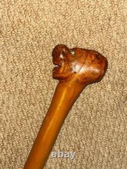 Antique Rustic Walking Stick Cane Hand-Carved Man Head Top & Glass Eyes