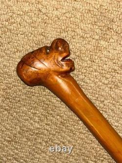 Antique Rustic Walking Stick Cane Hand-Carved Man Head Top & Glass Eyes