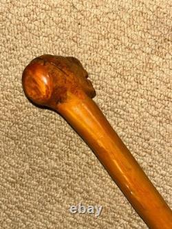 Antique Rustic Walking Stick Cane Hand-Carved Man Head Top & Glass Eyes