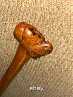 Antique Rustic Walking Stick Cane Hand-Carved Man Head Top & Glass Eyes