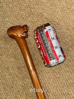 Antique Rustic Walking Stick Cane Hand-Carved Man Head Top & Glass Eyes