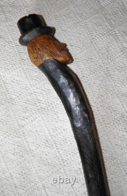 Antique Rustic Walking Stick / Cane Hand-Carved Man In Top Hat Glass Eyes