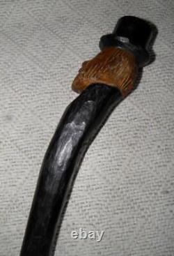 Antique Rustic Walking Stick / Cane Hand-Carved Man In Top Hat Glass Eyes