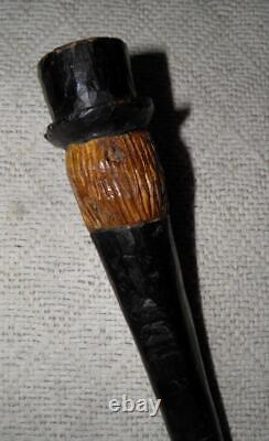 Antique Rustic Walking Stick / Cane Hand-Carved Man In Top Hat Glass Eyes