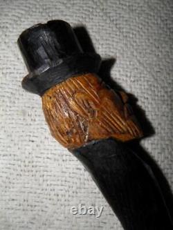 Antique Rustic Walking Stick / Cane Hand-Carved Man In Top Hat Glass Eyes