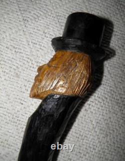 Antique Rustic Walking Stick / Cane Hand-Carved Man In Top Hat Glass Eyes