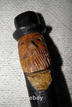 Antique Rustic Walking Stick / Cane Hand-Carved Man In Top Hat Glass Eyes