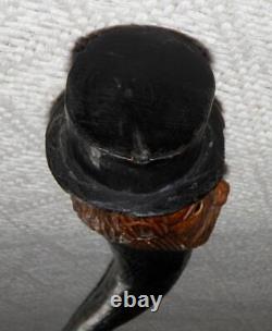 Antique Rustic Walking Stick / Cane Hand-Carved Man In Top Hat Glass Eyes