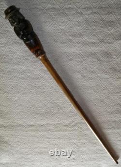 Antique Rustic Walking Stick Cane Hand-Carved Man Musician With Instrument Oboe
