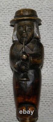 Antique Rustic Walking Stick Cane Hand-Carved Man Musician With Instrument Oboe