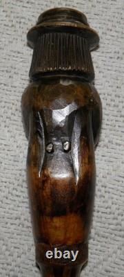 Antique Rustic Walking Stick Cane Hand-Carved Man Musician With Instrument Oboe