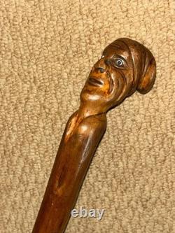 Antique Rustic Walking Stick Cane Hand-Carved Man's Head Top & Glass Eyes