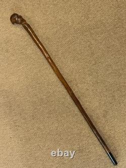 Antique Rustic Walking Stick Cane Hand-Carved Man's Head Top & Glass Eyes