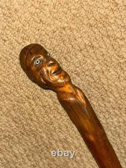 Antique Rustic Walking Stick Cane Hand-Carved Man's Head Top & Glass Eyes