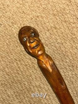 Antique Rustic Walking Stick Cane Hand-Carved Man's Head Top & Glass Eyes