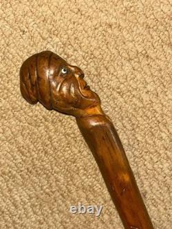 Antique Rustic Walking Stick Cane Hand-Carved Man's Head Top & Glass Eyes