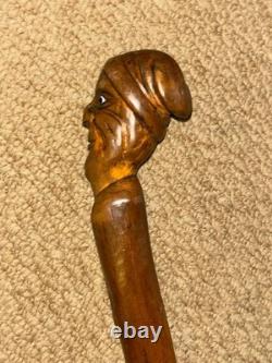 Antique Rustic Walking Stick Cane Hand-Carved Man's Head Top & Glass Eyes