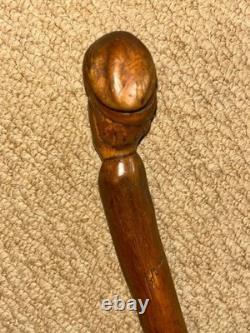 Antique Rustic Walking Stick Cane Hand-Carved Man's Head Top & Glass Eyes