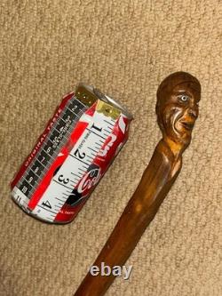 Antique Rustic Walking Stick Cane Hand-Carved Man's Head Top & Glass Eyes