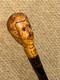 Antique Rustic Walking Stick Cane Hand-Carved Mans Head Top & Patterned Shaft